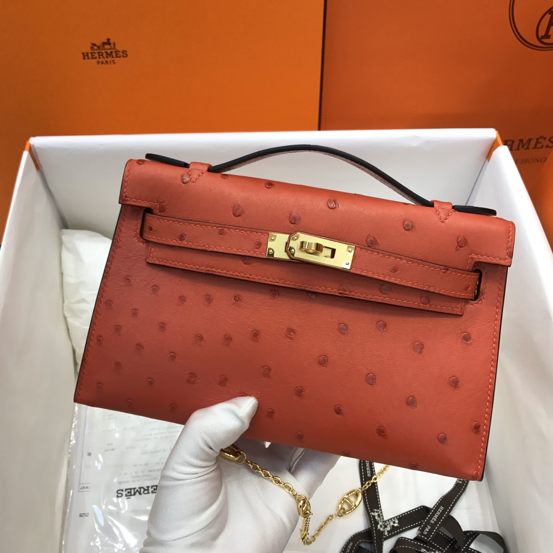 Hermes Mini Kelly Pochette 22cm Bag In Rogue Red Ostrich Leather